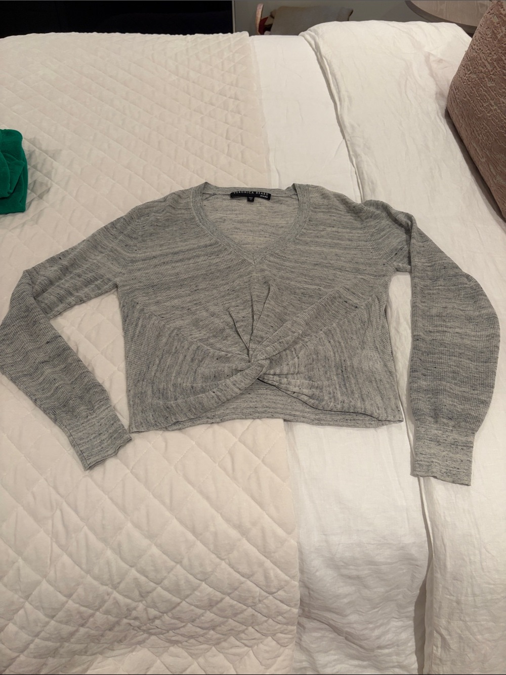 Veronica Beard Heather Gray Twist-Front V-Neck Sweater